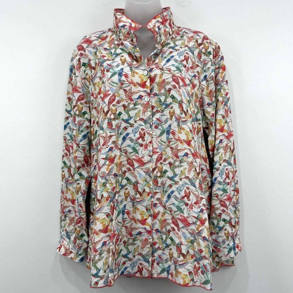 John Mark Hummingbird Top L Roll Tab Wire Collar Art To Wear Button Up Rainbow